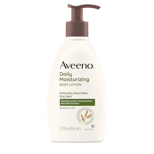 Aveeno Daily Moisturizing Body Lotion with Soothing Prebiotic Oat, Gentle Lotion Nourishes Dry Skin With Moisture, Paraben-, Dye- & Fragrance-Free, Non-Greasy & Non-Comedogenic, 12 fl. Oz