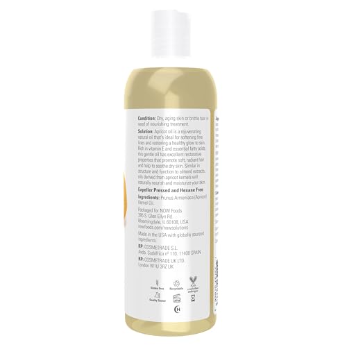 NOW Foods Solutions, Apricot Kernel Oil, Hair Moisturizer, Rejuvenating Skin Oil, Softens Fine Lines, 16-Ounce
