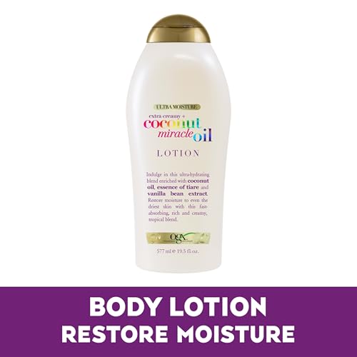 OGX Extra Creamy + Coconut Miracle Oil Ultra Moisture Body Lotion with Vanilla Bean, Fast-Absorbing Body Lotion for All Skin Types, Paraben-Free and Sulfated-Surfactants Free, 19.5 Ounce