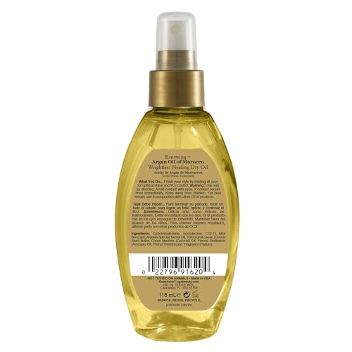 OGX Renewing + Argan Oil of Morocco Weightless Healing Dry Oil Spray, Lightweight Hair Oil Mist for Split Ends, Frizzy Hair and Flyaways, Paraben & Sulfated-Surfactants Free, 4 Fl Oz
