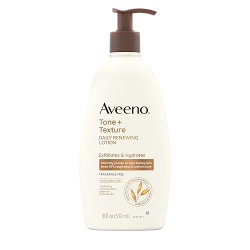 Aveeno Tone + Texture Daily Renewing Body Lotion With Prebiotic Oat, Gently Exfoliates & Hydrates Sensitive Skin, Clinically Proven to Help Bumpy, Rough Skin, Fragrance-Free, 18 Fl. Oz