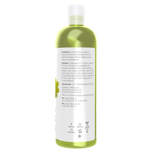 NOW Foods Solutions, Grapeseed Oil, Skin Care for Sensitive Skin, Light Silky Moisturizer for All Skin Types, 16-Ounce