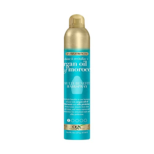 OGX Revitalize + Argan Shine Extra Strength Multi-Benefit Heat Protection Hairspray with Argan Oil & Silk Proteins, Tame Frizz & Non-Greasy Shine, Morocco, 8 Ounce