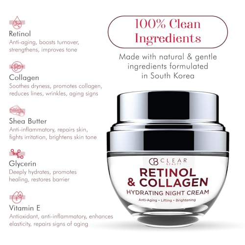 Clear Beauty Retinol & Collagen Night Face Moisturizer - Dermatologist Tested, Moisturizes, Reduces Wrinkles & Fine Lines, Hydrating Cream, Cruelty-Free Korean Skin Care, All Skin Types - 1.69 oz