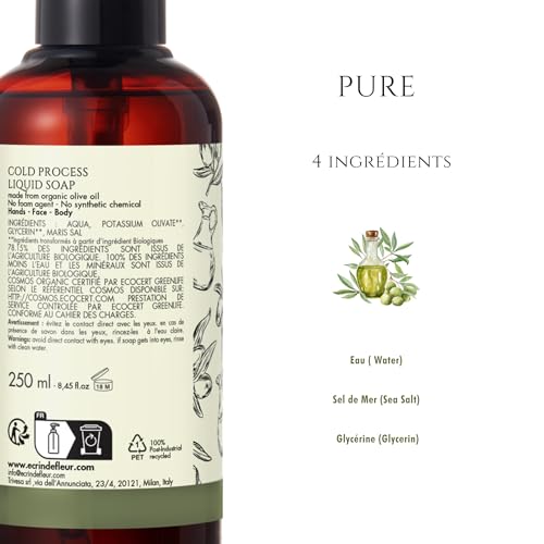 ÉCRIN DE FLEUR - Organic Pure Olive Liquid Soap, Artisan Crafted in South France, Cold Processed, 8.45 fl. oz.