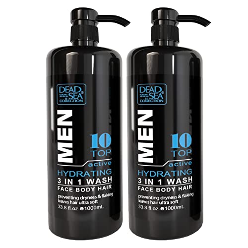 Dead Sea Collection Mens Body Wash 3 in 1 – TOP 10 ACTIVE Body Wash for Men – Shower Gel – Shampoo – Shower Soap for Face and Hair – Pack of 2 Bottles (33.8 Fl. Oz. Each)