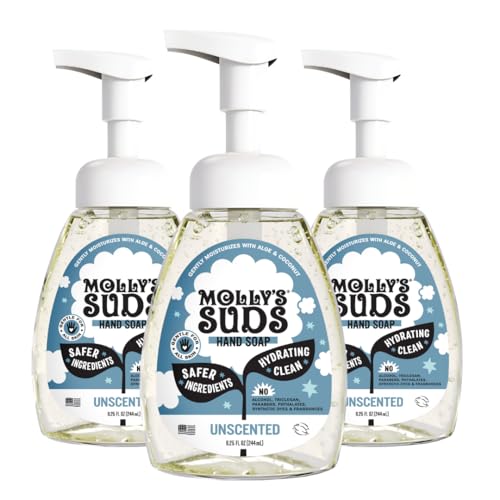 Molly's Suds Foaming Hand Soap - Made with Aloe and Coconut Oil | Moisturizing Hand Wash | Clean Ingredients, Infused with Essential Oils | Unscented - 8.25 Oz (Pack of 3)