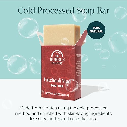 The Bubble Factory Handmade Natural Bath & Body Soap Bar, Vegan, All-Natural, Palm Oil Free, Made in USA with Shea Butter + Essential Oils, Patchouli Mud, 3 Bars