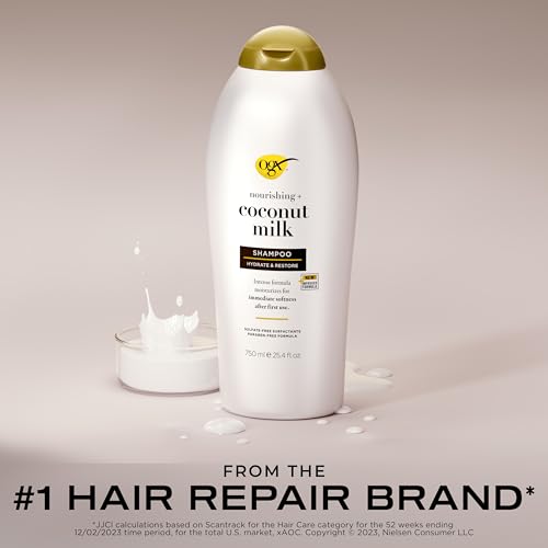 OGX Nourishing + Coconut Milk Shampoo, Hydrating & Restoring Shampoo Moisturizes for Soft Hair After the First Use, Paraben-Free, Sulfate-Free Surfactants, 25.4 fl. oz