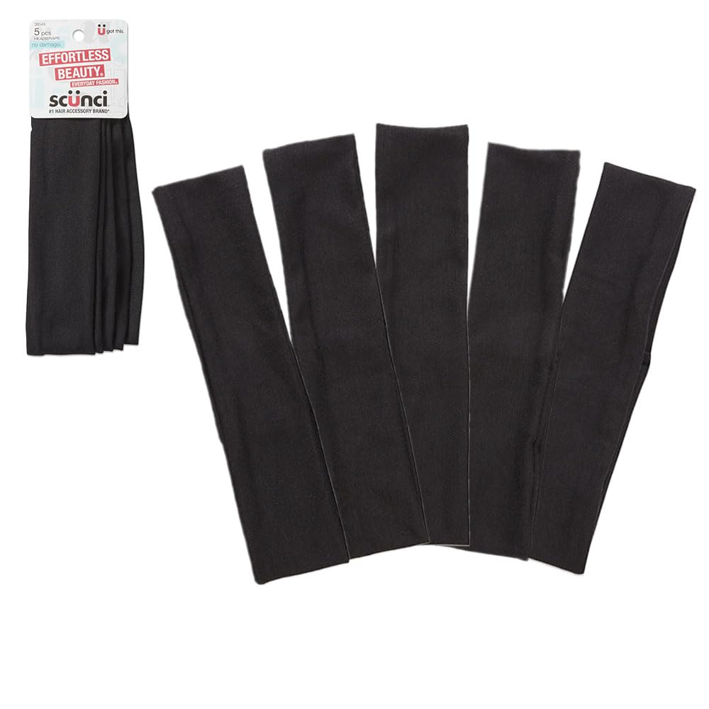 Scunci Effortless Beauty Basic Interlock Headwraps, Black, 5 Count, 4.6 Pound