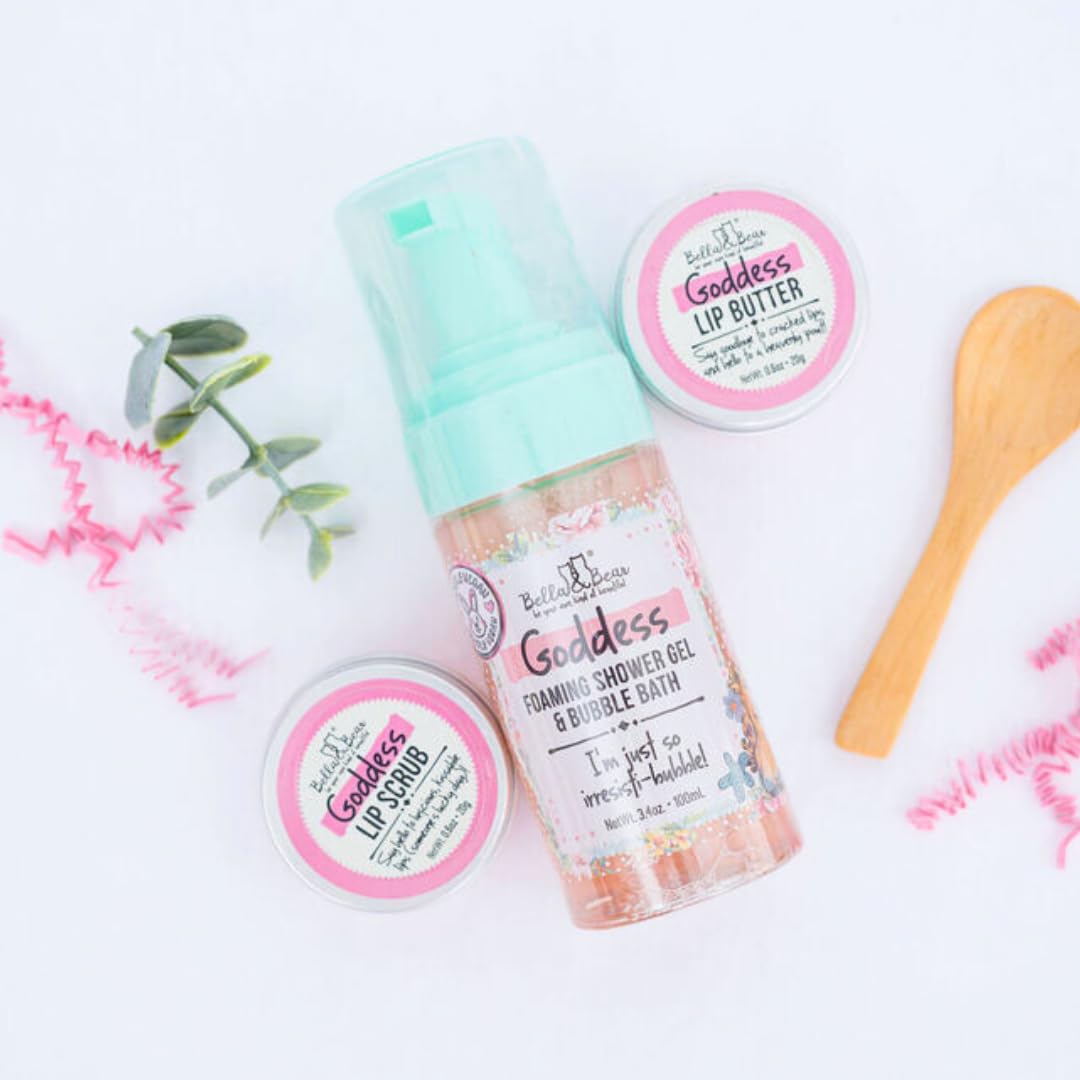 Bella & Bear Goddess Mini Bath & Body Gift Set with 2 in1 Foaming Shower Gel & Bubble Bath, Lip Scrub, Lip Butter - Gift - Teens - Tweens - Women
