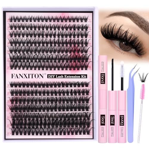 FANXITON DIY Lash Extension Kit - Volume Clusters 40D+50D D Curl Individual Lashes, Thick Eyelash Extension 280 pcs, Thin Band, Bond and Seal, Tweezers