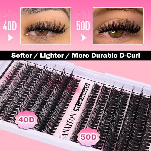 FANXITON DIY Lash Extension Kit - Volume Clusters 40D+50D D Curl Individual Lashes, Thick Eyelash Extension 280 pcs, Thin Band, Bond and Seal, Tweezers