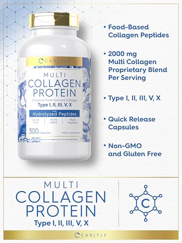 Carlyle Multi Collagen Protein Capsules 2000mg | 300 Count | Type I, II, III, V, X | Collagen Peptide Pills | Keto & Paleo Friendly, Gluten Free, Non-GMO Supplement