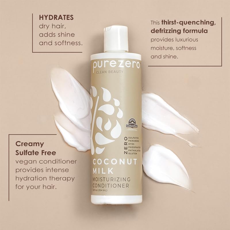 Purezero Coconut Milk Shampoo & Conditioner Set - 100% Vegan & Cruelty Free - Intense Hydration & Increase Shine - Zero Sulfates, Parabens, Dyes - Fight Dandruff & Frizz