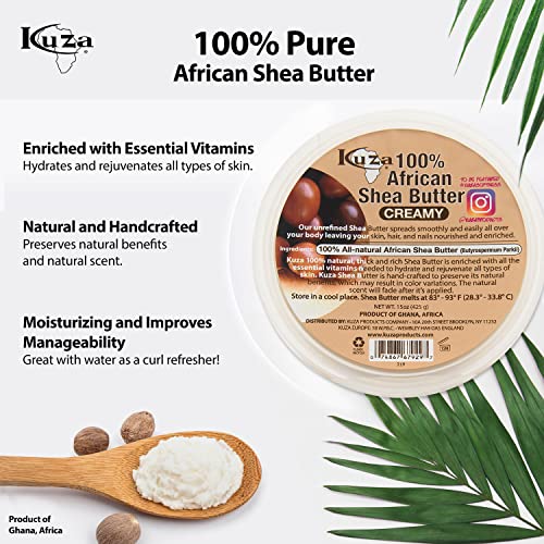 Kuza 100% Pure African Shea Butter with Borututu, White Creamy - 15oz. - Moisturizer for Hair, Skin & Nails