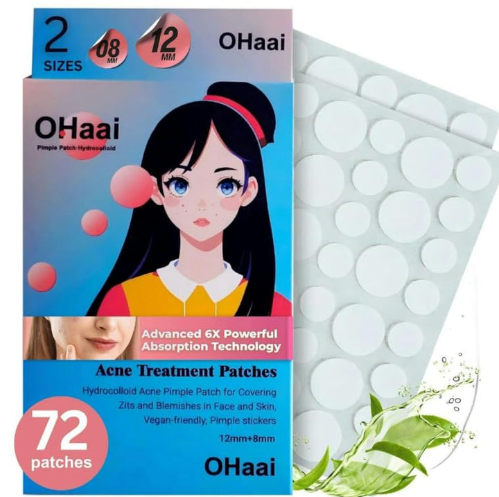 OHaai Invisible Hydrocolloid Pimple Patches for Face – Triple Action Acne Protection, Makeup Cover, 6X Advanced Absorption Technology, Waterproof & Sweatproof, Travel-Friendly (2 Sizes, 72 Count)