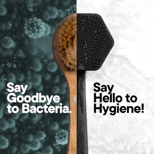 TOOLETRIES Silicone Back Scrubber - Exfoliating Shower Brush, Back Washer for Men, Durable Back Brush with Long Handle - Long Lasting Bath & Shower Accessories - Charcoal