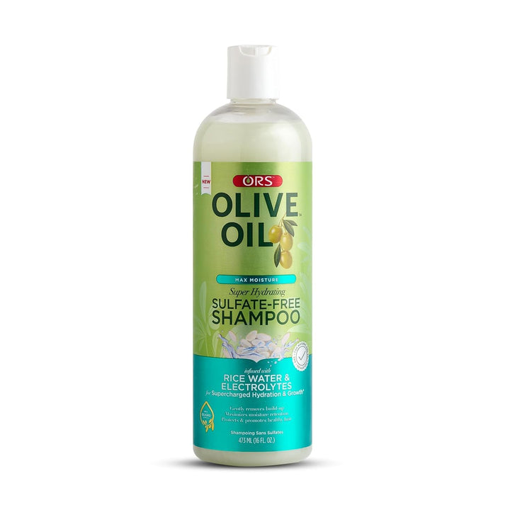 ORS Olive Oil Max Moisture Super Hydrating Sulfate-Free Shampoo, Infused with Rice water and Electrolytes for Supercharged Hydration & Growth 16.0 Ounce (Pack of 2)