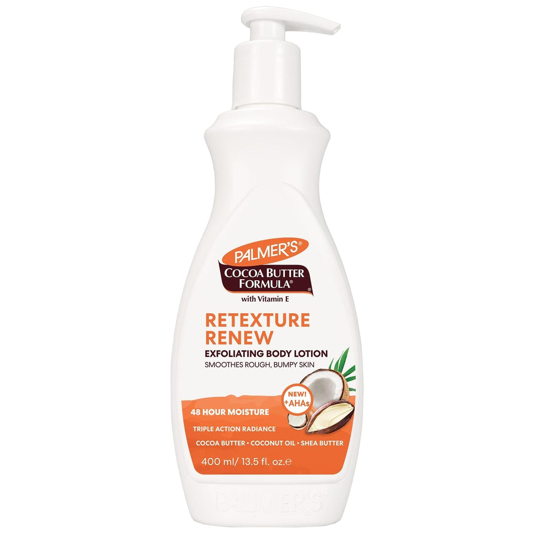 Palmer's Cocoa Butter Formula Retexture & Renew Exfoliating Body Lotion for Rough & Bumpy Skin, Triple Action Moisturizers + AHAs, Pump Bottle, 13.5 Ounce