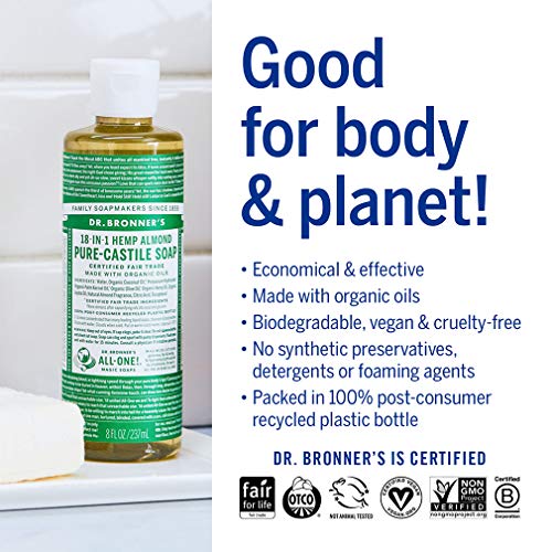 Dr. Bronner's - Pure-Castile Liquid Soap (Almond, 8 ounce) - Made with Organic Oils, 18-in-1 Uses: Face, Body, Hair, Laundry, Pets and Dishes, Concentrated, Vegan, Non-GMO