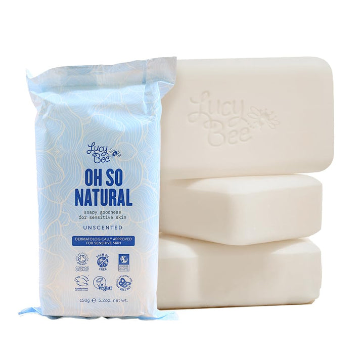 Lucy Bee Certified Organic & All Natural Soap Bar 4 Pack, Moisturizing & Rejuvinating, Dermatologist Approved for Sensitive Skin, Unscented & 100% Palm Oil Free, 5.3oz (4)