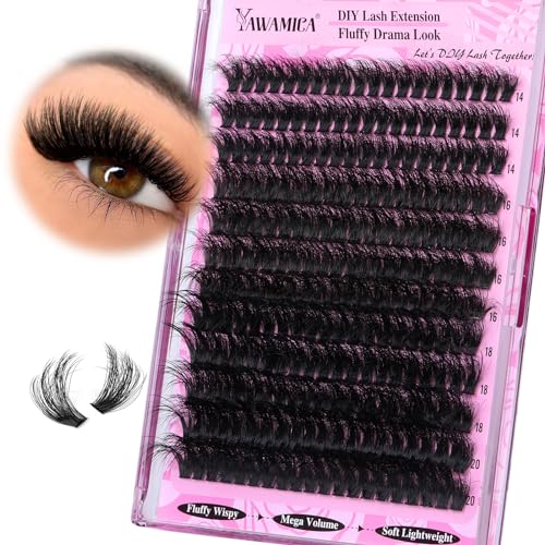Yawamica Fluffy Lash Clusters Thick 200D Volume Eyelash Clusters 14-20mm Wispy Individual Lashes D Curly Cluster Eyelash Extensions 240pcs DIY Lash Extension for Beginners