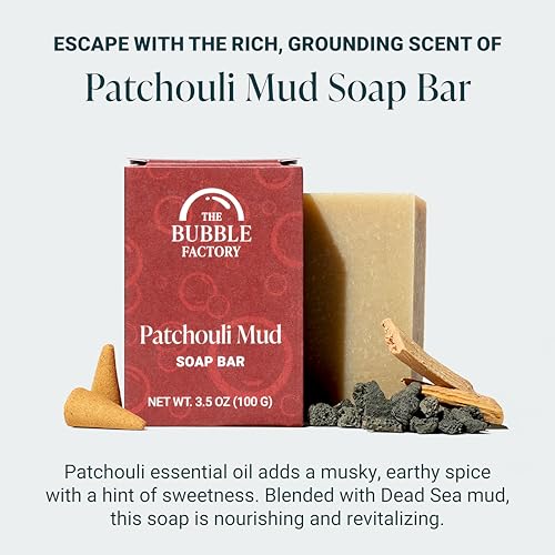 The Bubble Factory Handmade Natural Bath & Body Soap Bar, Vegan, All-Natural, Palm Oil Free, Made in USA with Shea Butter + Essential Oils, Patchouli Mud, 3 Bars