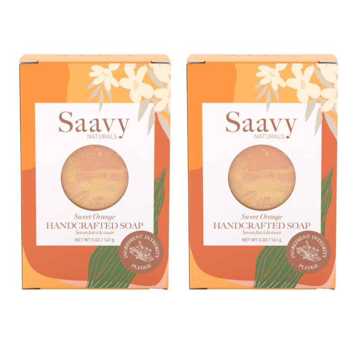 Saavy Naturals 2 PACK Sweet Orange 5oz x 2 Handmade Body Soap Bars, Moisturizing for Women, Organic Vegan Formula, Creamy Lather with No Residue - 5 Oz