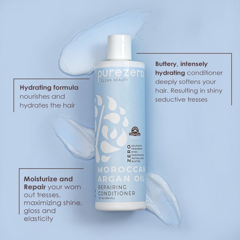 Purezero Moroccan Argan Oil Shampoo & Conditioner set - Repair Damaged Hair - Fight Dandruff & Frizz - Zero Sulfates, Parabens, Dyes, Gluten - 100% Vegan & Cruelty Free - Great For Color Treated Hair