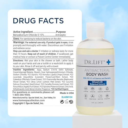 Antibacterial Body Wash | Kills 99.9% of Germs | Made in America | Antibacterial Soap - Infused with Botanical Extracts | Shower Gel Body Wash for Women & Men | Liquid Bath Soap - 8 Oz. | Dr. Lift