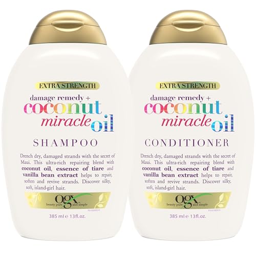 OGX Extra Strength Damage Remedy + Coconut Miracle Oil Shampoo & Conditioner for Dry, Frizzy or Coarse Hair, Hydrating & Flyaway Taming Conditioner, Paraben-Free, Sulfate-Free, 13 Fl Oz, 2 Pack