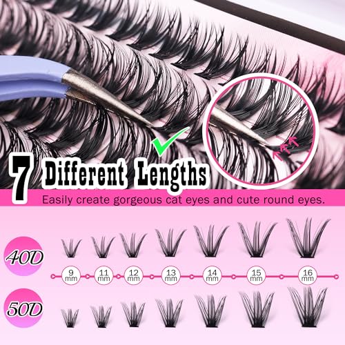 FANXITON DIY Lash Extension Kit - Volume Clusters 40D+50D D Curl Individual Lashes, Thick Eyelash Extension 280 pcs, Thin Band, Bond and Seal, Tweezers