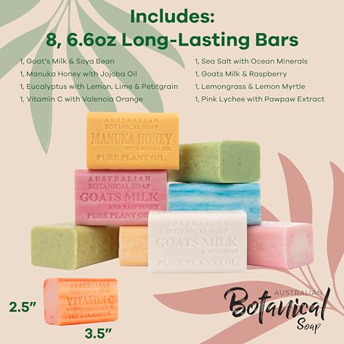 Australian Botanical Soap, 6.6 OZ, Triple Milled Bars made with Pure Plant Oil, a Natural Soap Base and Enriched with Organic Shea Butter, for Men, Women and All Skin Types, Variety Pack of 8