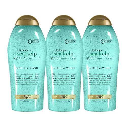 OGX Hydration + Sea Kelp & Hyaluronic Acid Sulfate-Free Lightly Moisturizing Body Scrub with Black Rice, Gentle Exfoliating Daily Body Wash to Soften & Smooth Skin, 19.5 Fl Oz (pack of 3)
