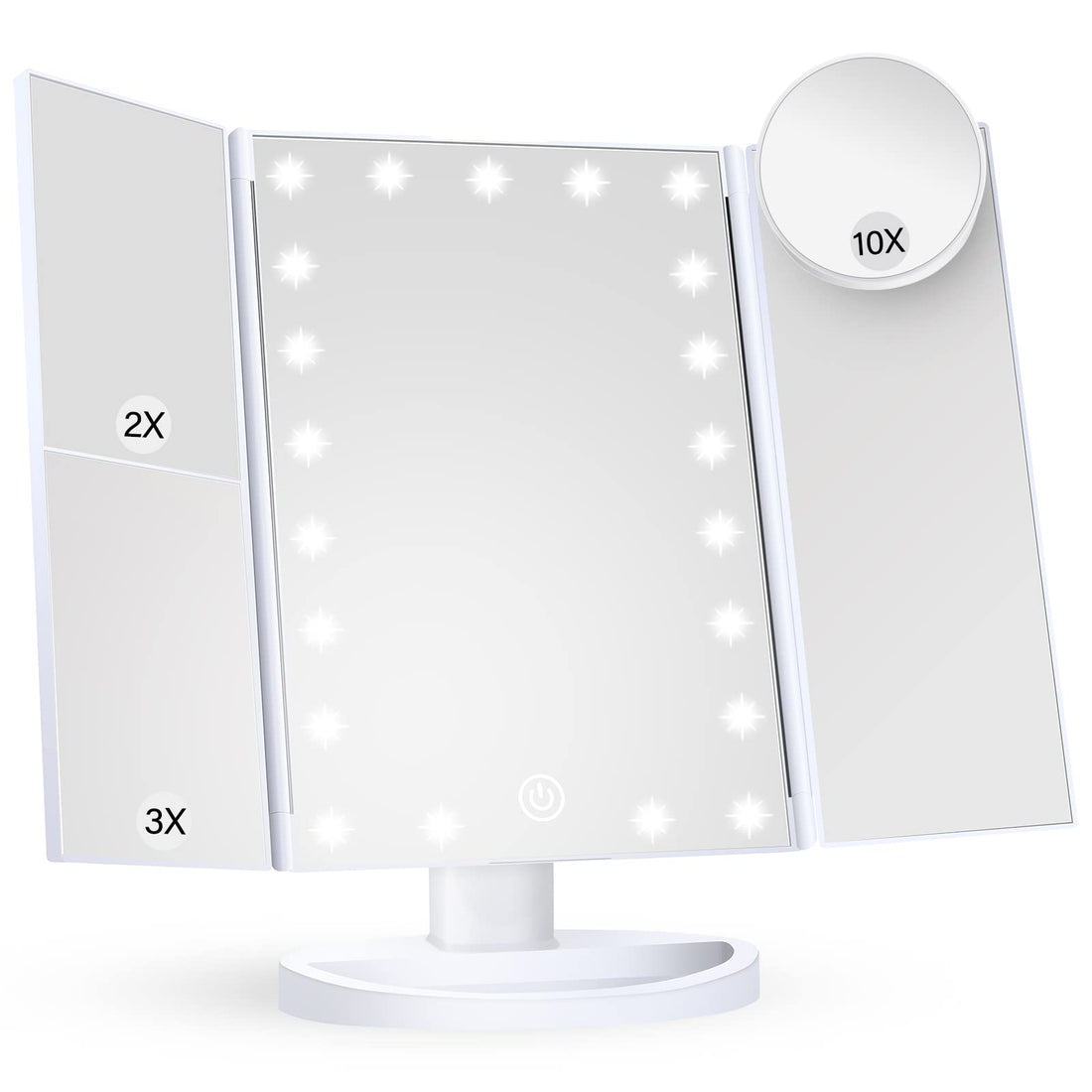 HUONUL Makeup Mirror Vanity Mirror with Lights, 2X, 3X, 10X Magnification, Touch Control, Trifold, White, 9.4L x 13.4W, Modern Style, Dresser Mount, Bathroom