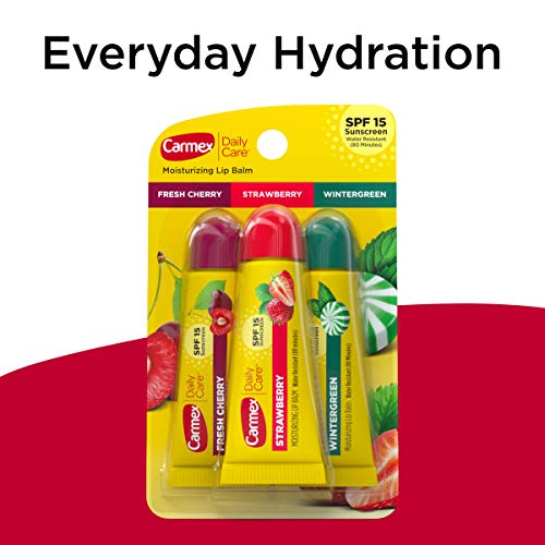 Carmex Daily Care Moisturizing Lip Balm Pack, Lip Balm With Sunscreen in Fresh Cherry, Strawberry and Wintergreen -0.35 Ounce (Pack of 3)