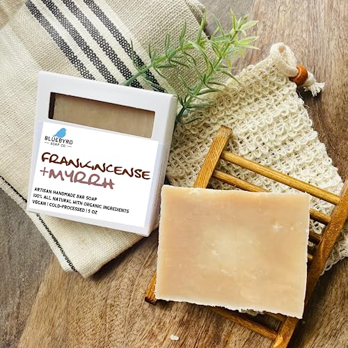 Bluebyrd Soap Co. Frankincense & Myrrh Soap Bars 5oz | 100% All Natural Soap - Scented with Pure Essential Oils | Vegan Moisturizing Coconut Oil Soap Bars For Body, Face, & Bath (Frankincense)