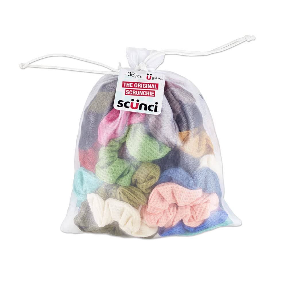 ScunciThe Original Super Comfy & stretch waffle knit scrunchie Pack, assorted 36Count Great for All Hair Textures - True Comfort & Fashion. U Got This!