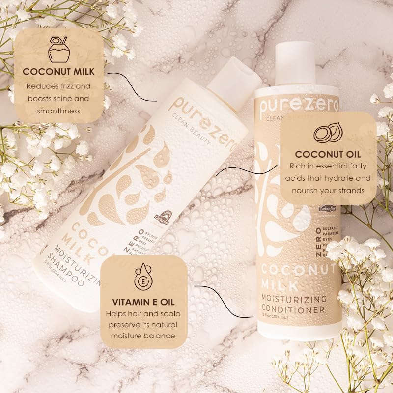 Purezero Coconut Milk Shampoo & Conditioner Set - 100% Vegan & Cruelty Free - Intense Hydration & Increase Shine - Zero Sulfates, Parabens, Dyes - Fight Dandruff & Frizz