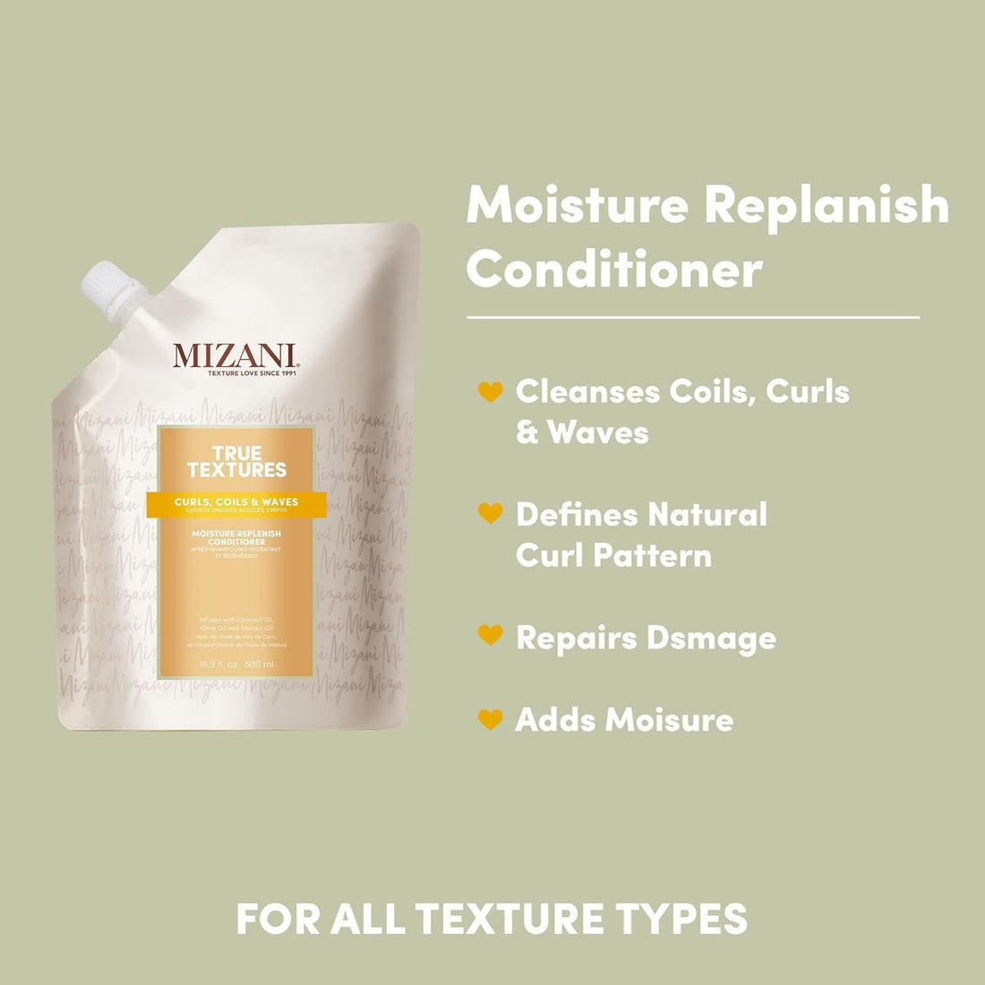 Mizani True Textures Moisture Replenish Conditioner | Moisturizes & Defines Curls | Silicone & Paraben-Free | for Curly Hair | 16.9 Fl Oz