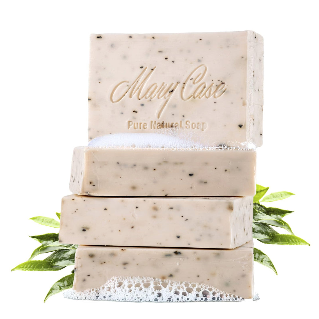 Mary Case All Natural Bar Soap for Men & Women (Set of 4) - Tea Tree Body Soap Bars with Olive, Coconut, Tea Tree Oils & Leaves - Vegan Bath Soaps for Balancing Oily Skin & Clearing Pores