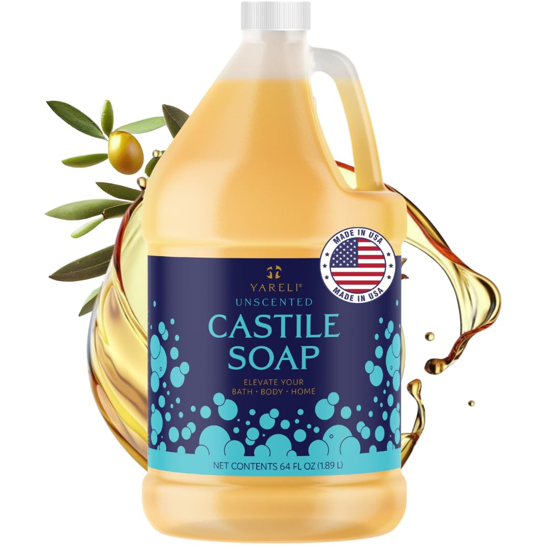 YARELI Pure Castile Soap Liquid, Unscented, with All Organic Oils for Adults, Kids and Babies as Body Wash or Hand Soap, 64oz Refill