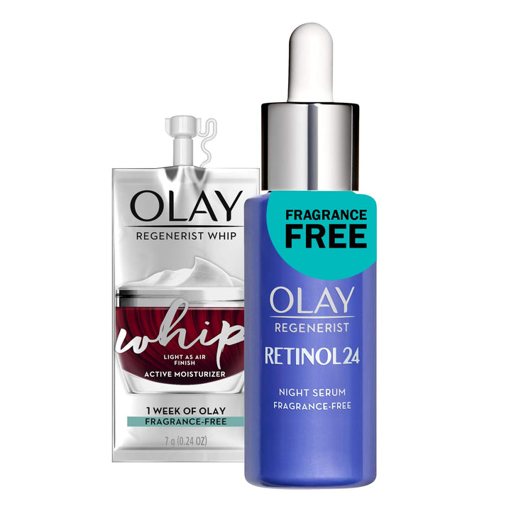 Olay Regenerist Retinol Face Serum, Retinol 24 Night Face Serum, 1.3oz + Whip Face Moisturizer Travel/Trial Size Gift Set