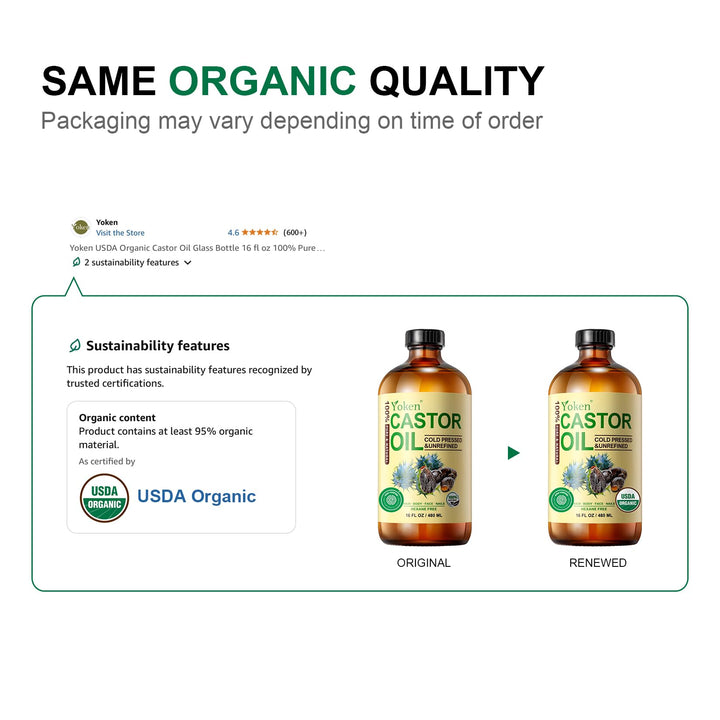 Yoken EWG Verified Castor Oil Glass Bottle 16 fl oz 100% Pure Natural Cold Pressed Castor Oil for Face, Body, Hair, Eyelash, Skin - Hexane Free, Unrefined, Virgin, Rich Fatty Acid for Caster Pack Wrap