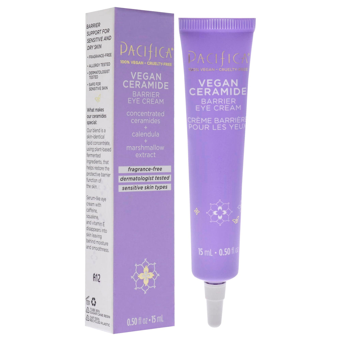 Pacifica Beauty, 100% Vegan Ceramide Barrier Repair Under Eye Cream for Fine Lines, Eczema Association Approved, Safe for Sensitive Skin for Delicate Undereye Area, Fragrance Free, 0.5 Fl Oz