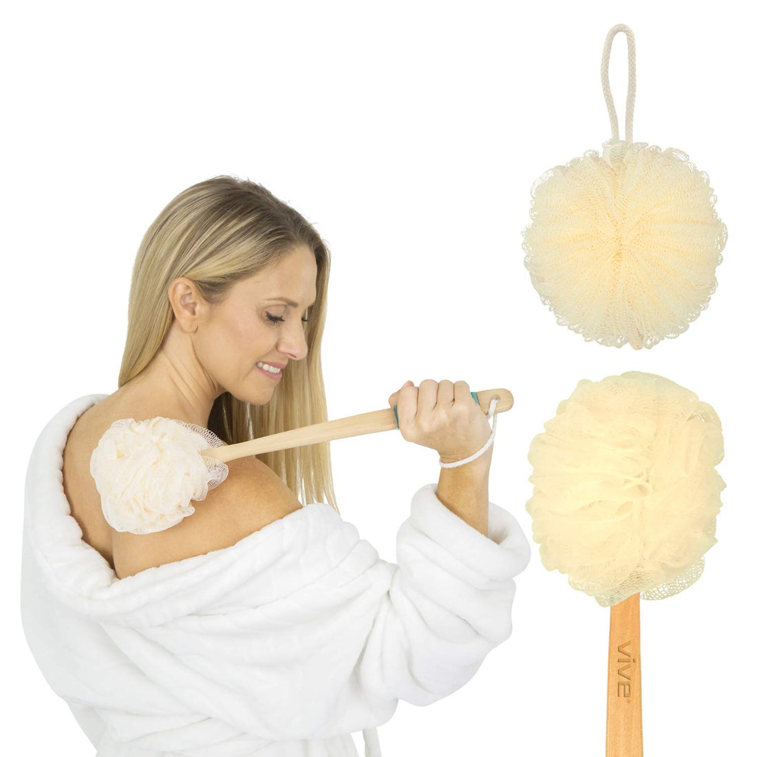 Vive Loofah Back Scrubber |Long Handled Exfoliating Bath & Shower Body Brush Luffa Sponge On A Stick W/ String For Hook | Men & Women