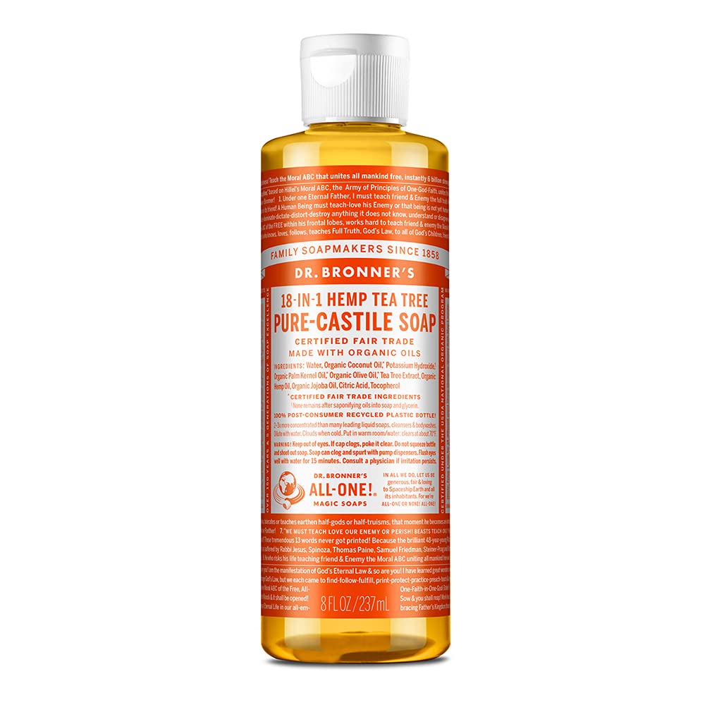 Dr. Bronner's - Pure-Castile Liquid Soap (Tea Tree, 8 ounce) - Made with Organic Oils, 18-in-1 Uses: Acne-Prone Skin, Dandruff, Laundry, Pets and Dishes, Concentrated, Vegan, Non-GMO