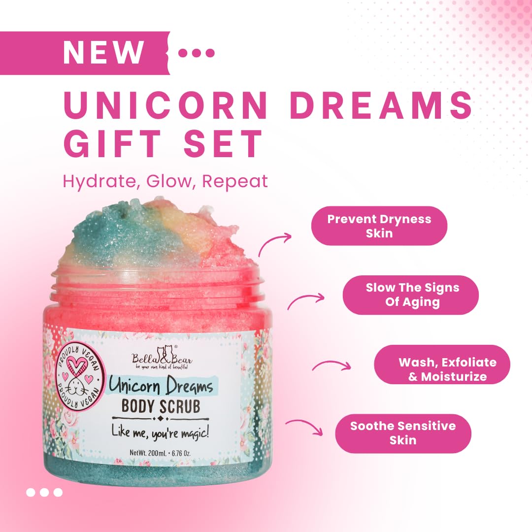 Bella & Bear Unicorn Dreams Gift Set - 3-in-1 Body Scrub & Goddess Body Butter in Glossy Pink Box - Vegan, Cruelty-Free, Mango-Pineapple-Vanilla Scent