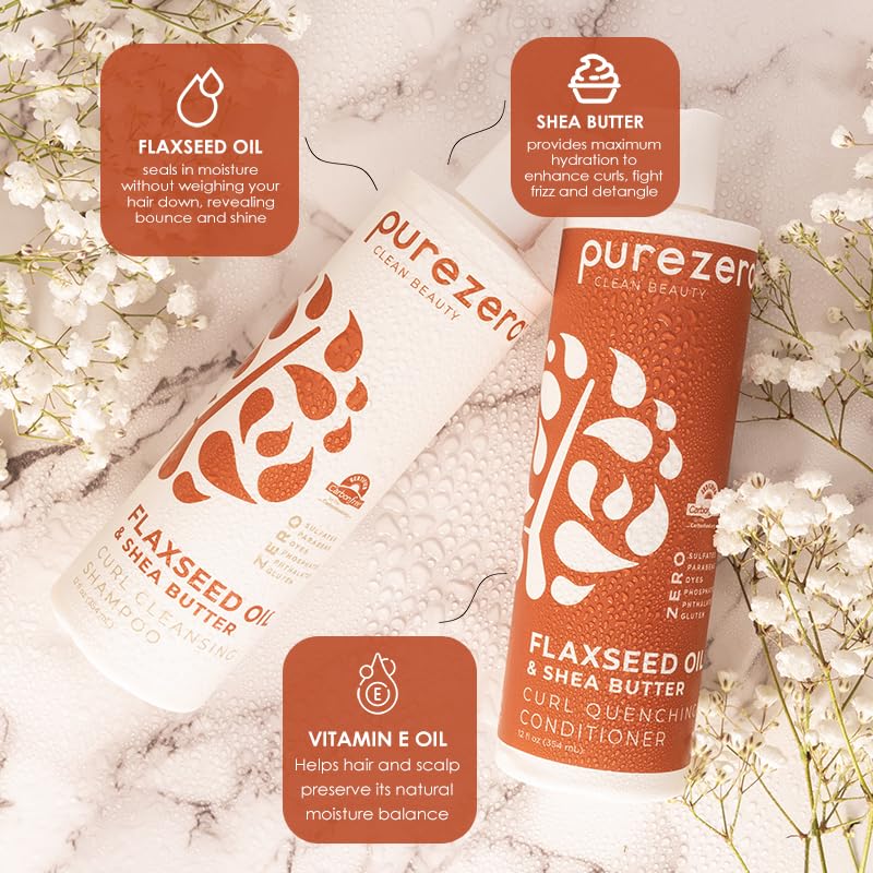 Purezero Flaxseed Oil & Shea Butter Shampoo and Conditioner Set - Curl Care - For Curly Hair Detangle & Defrizz - Zero Sulfates/Parabens/Dyes -100% Vegan & Cruelty Free - Great For Color Treated Hair